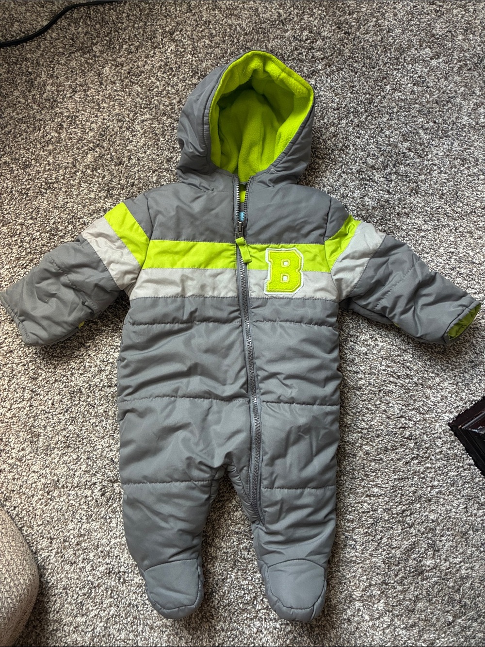 Infant Gray & Lime Puffer One-Piece Snowsuit